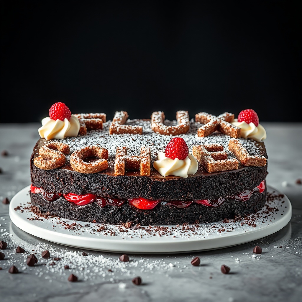 AI generated image by FLUX.1-schnell: black forest gateau cake spelling out the words "FLUX SCHNELL", tasty, food photography, dynamic shot