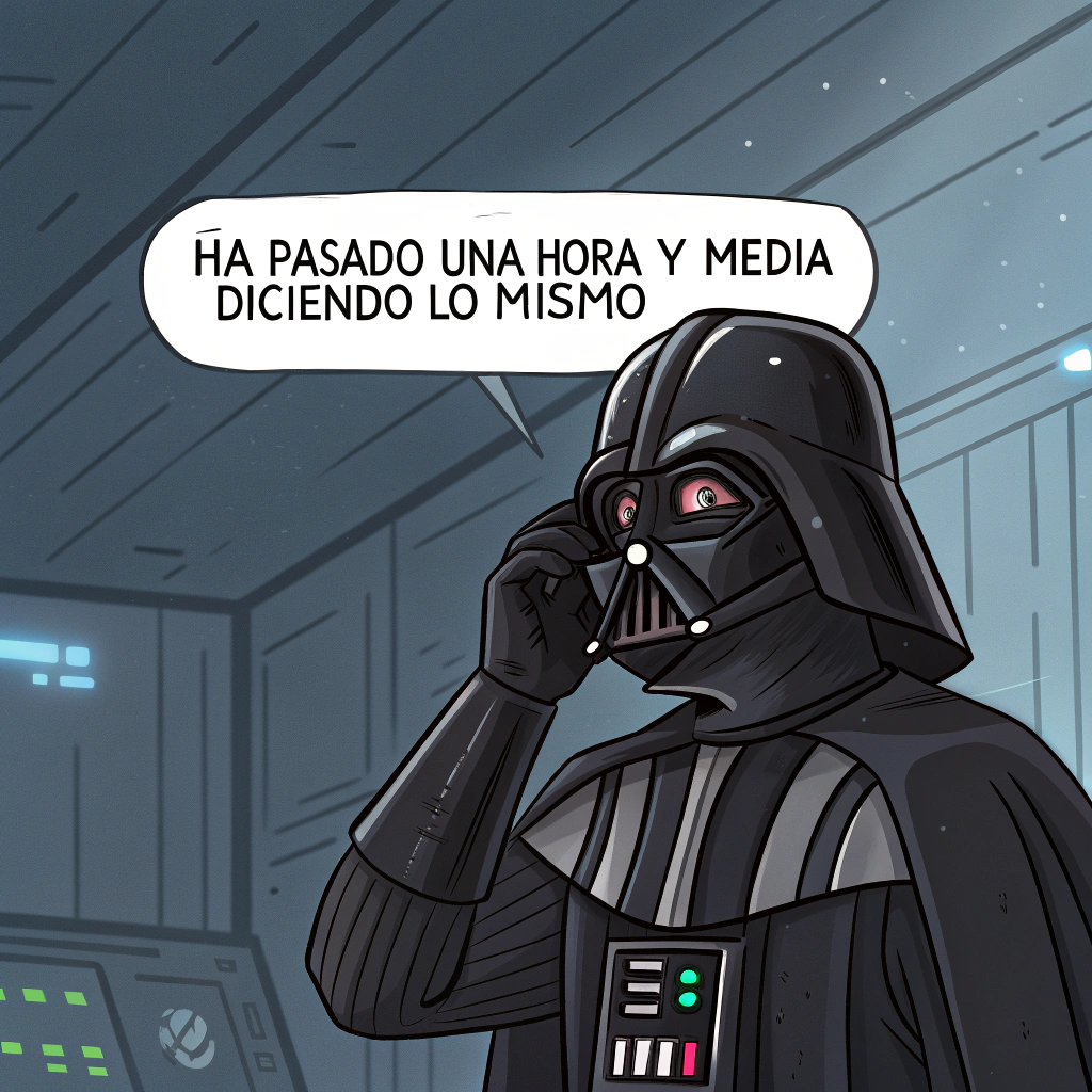 AI generated image by Red Panda AI: Darth Vader llevándose la mano Al rostro, molesto por tener que escuchar a un idiota decir lo mismo por dos horas, hay una viñeta saliendo de su boca en la que se lee:"lleva hora y media en la misma vaina" 