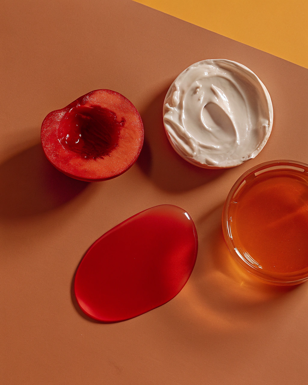 AI generated image by Red Panda AI: A hyper-realistic flat lay featuring natural skincare ingredients on a smooth, matte beige surface. Showcase a creamy, fluffy dollop of whipped tallow with subtle shadows and soft edges, a perfectly round and glossy droplet of clear oil reflecting light naturally, a silky smear of golden honey with rich transparency and slight textural ridges, a small puddle of warm amber-colored oil with subtle gradients, and a translucent drop of light yellow to pale amber oil catching soft light. Use natural, diffused lighting from one side to create gentle shadows and highlights, emphasizing texture, gloss, and the authentic look of each material. The arrangement should feel clean, balanced, and luxurious, with every element appearing tactile and lifelike.