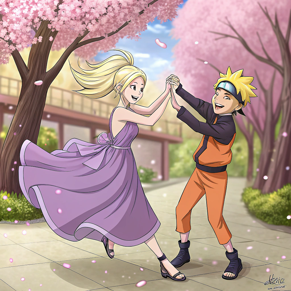 AI generated image by Red Panda AI: ino yamanaka wearing a purple dress is dancing with naruto