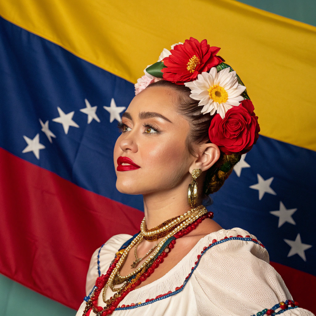 AI generated image by Red Panda AI: miley cyrus dressed up with venezuelan floklore clothes looking straight to the camara with a venezuelan flag behind
