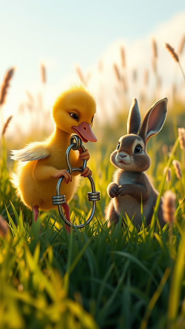 AI generated image by FLUX.1-schnell: A touching 3D Pixar-style scene of a determined yellow duckling using its beak to loosen a metal trap, freeing a brown rabbit. The rabbit, now hopeful but still in pain, watches as the duckling works. The meadow is peaceful, with warm sunlight filtering through the tall grass, creating a contrast between the tense moment and the beauty of nature. The duckling’s small wings are slightly raised, showing effort, and the rabbit’s body is tense but full of hope. The scene conveys themes of friendship, bravery, and gratitude