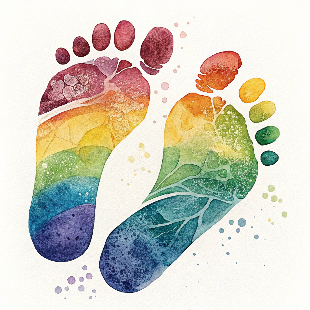 AI generated image by Red Panda AI: Two feet, artistically rendered in a minimalist style, filled with vibrant rainbow colors. The footprints are naturally positioned and feature subtle textures. The rainbow colors transition smoothly within each footprint.