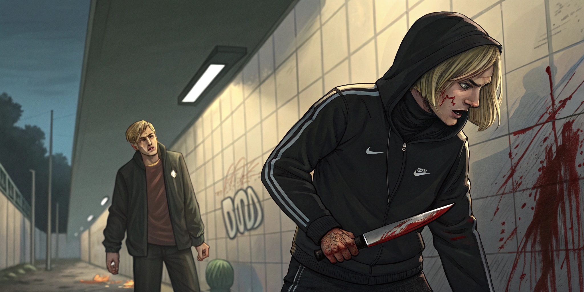 AI generated image by Red Panda AI:  Ja koji sam uspravno stojim i drugarica plavusa iza mene a meni u stomaku noz zaboden i ide krv i dva razbojnika sa fantomkama. Me gledaju a meni curi krv a devojka vidno uplasena ja kmam tijen patike black nike autfit
