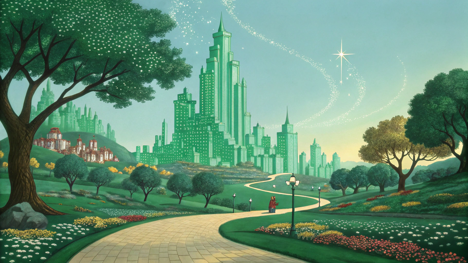 AI generated image by Red Panda AI: cuidad esmeralda del mago de oz con castillos casas arboles hechos de gemas esmeralda