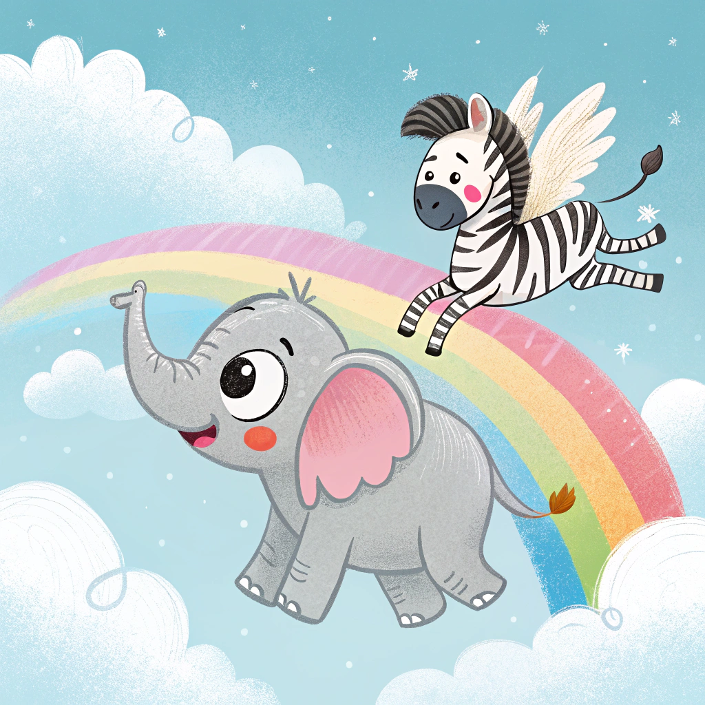 AI generated image by Red Panda AI: um elefantinho fofo voando com uma zebra
