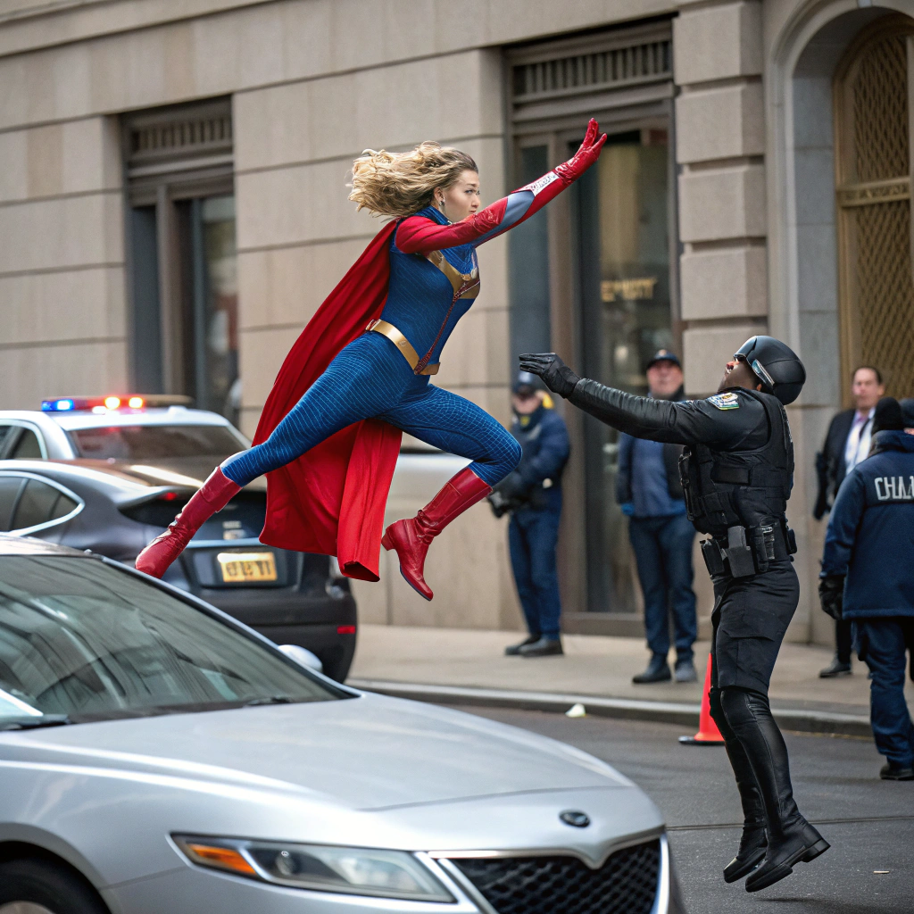 AI generated image by FLUX.1-schnell: superhero lady catching a bank robber