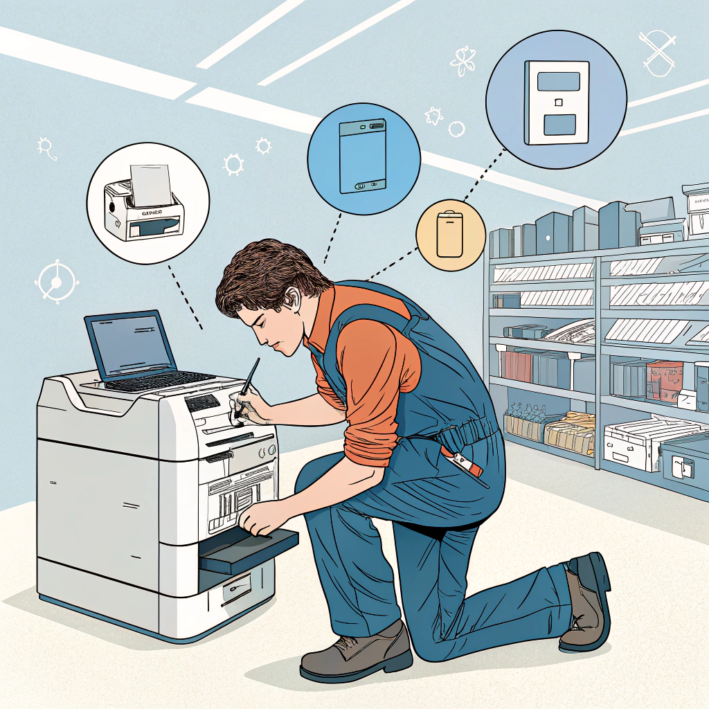AI generated image by Red Panda AI: Um homem em desenho realista consertando uma impressora na loja de informática com vários símbolos de informática e tonners