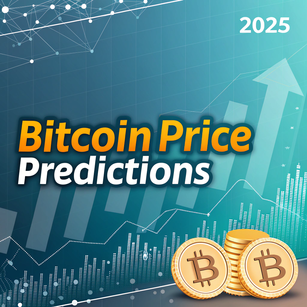 AI generated image by Red Panda AI: Futuristic banner for a blogpost, with finance cheerful colors and background like, financial, investment, BTC , in a financial article style. Big title "Bitcoin Price Predictions" and small title "2025"