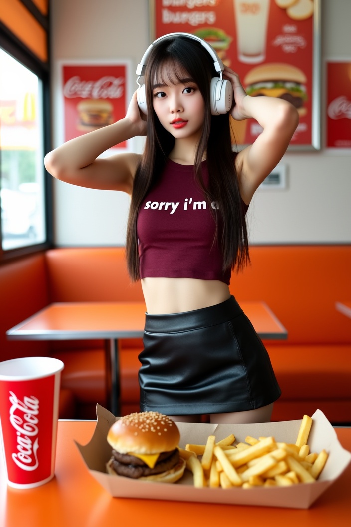 AI generated image by FLUX.1-pro: High-Resolution Photograph Description:

The image is a high-resolution photograph featuring a young woman in a modern diner setting.

She has long, wide hips, straight, dark brown hair and is of East Asian descent. She is wearing a sleeveless maroon crop top with white text that reads "sorry i'm ai" and a black leather mini skirt.

Her skin tone is fair, and she has a slender build. She is standing with her hands resting on her head, wearing large white headphones.

In the foreground, there is a paper-lined tray on a table with a cheeseburger and a plate of French fries.

The cheeseburger has a sesame seed bun, a patty, and a slice of cheese, while the fries are neatly arranged in a paper tray. Next to the tray is a red and white striped paper cup with the Coca-Cola logo, indicating a drink order.

The background is a bright orange and white diner booth, with several posters of Coca-Cola and burger advertisements. The posters are in red and white, with bold, colorful text and images.

The overall setting is vibrant and modern, with a retro diner aesthetic. The lighting is bright and even, highlighting the subject and the colorful surroundings.