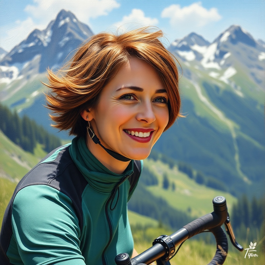 AI generated image by FLUX.1-schnell:  The consistency of the mountains should be chocolate and candy. Paint an oil picture of a sportive lady with short brown hair who loves to ride her bike in the mountains, who is 100% committed employee of the sweets company Storck, who has a great sense of humour and a can- do mentality.