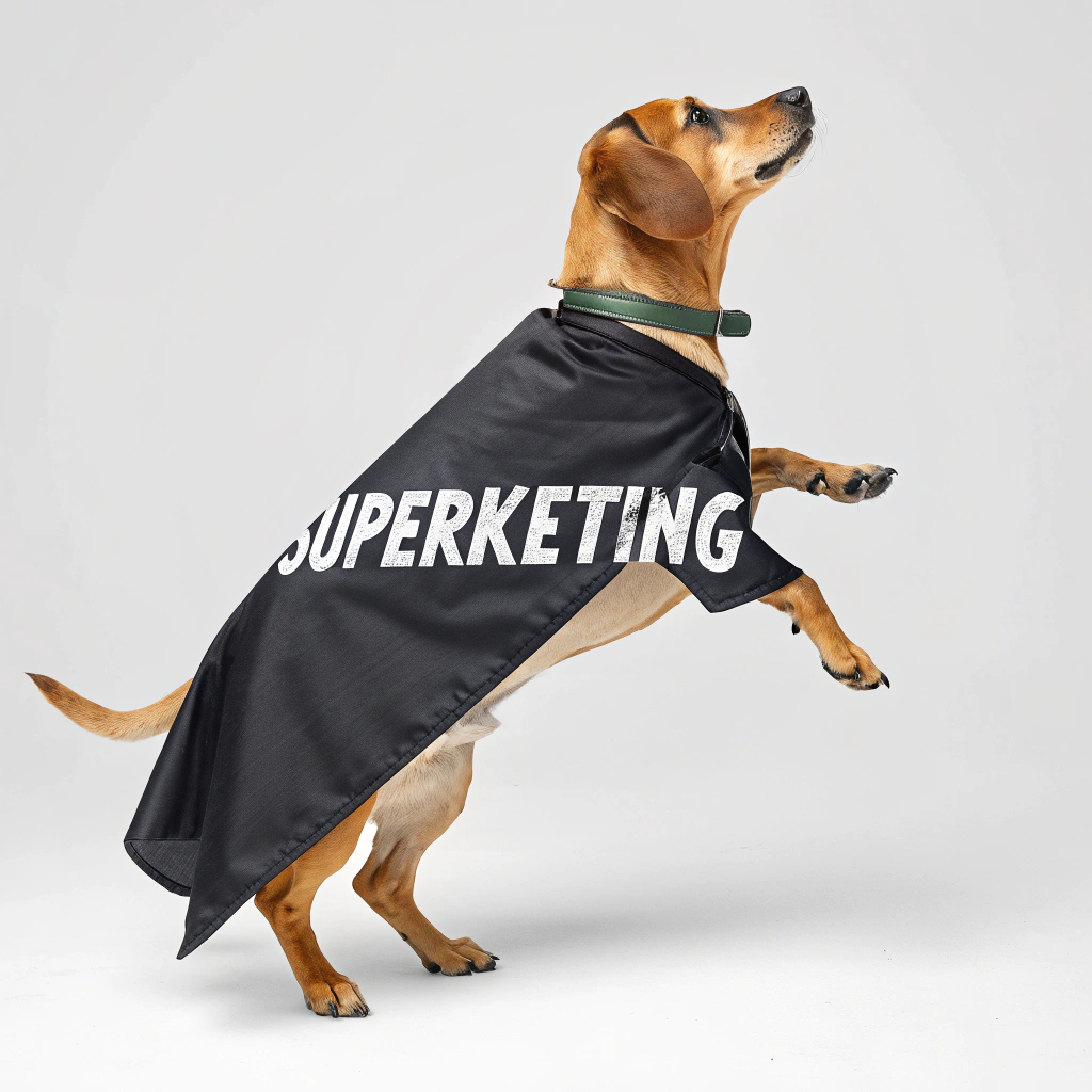 AI generated image by Red Panda AI: una capa de super heroe color negro para perro que esta parado en 2 
con letras blancas que digan superketing  realista