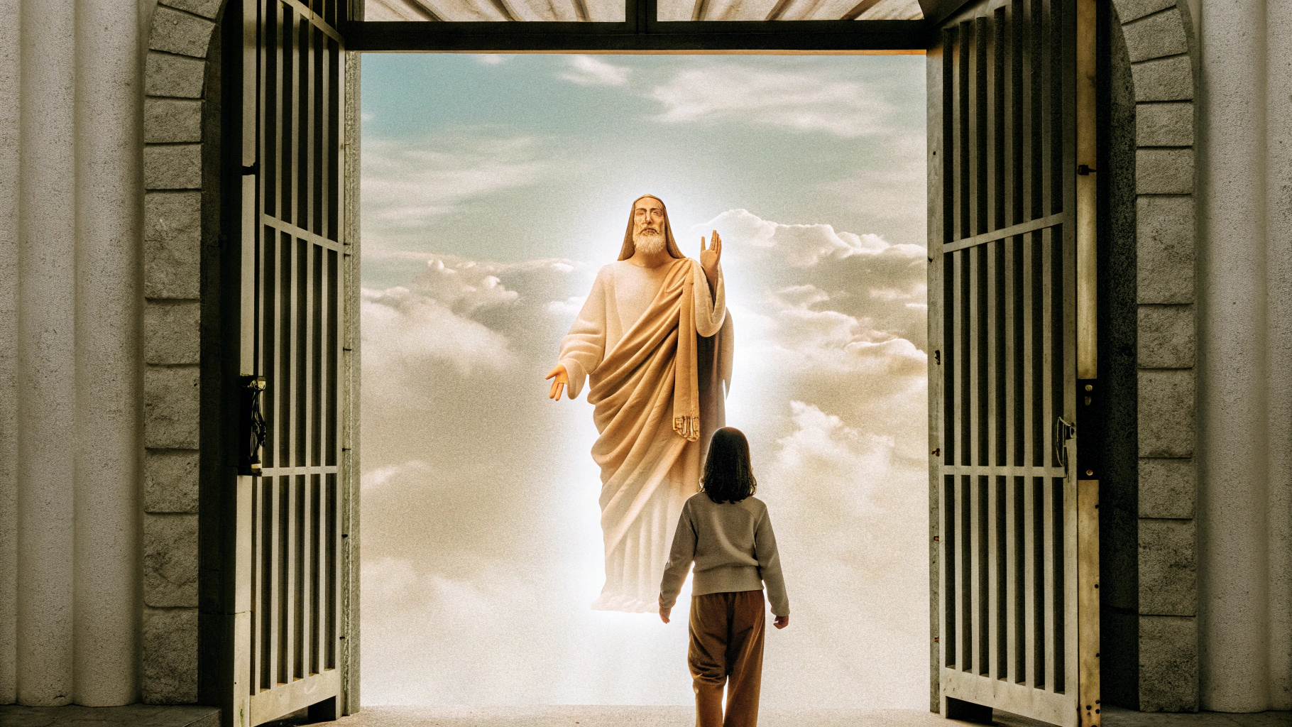 AI generated image by Red Panda AI: 
I stand before God in a space between clouds He is enveloped in a great glow full of love.
His great love gently draws me in His direction