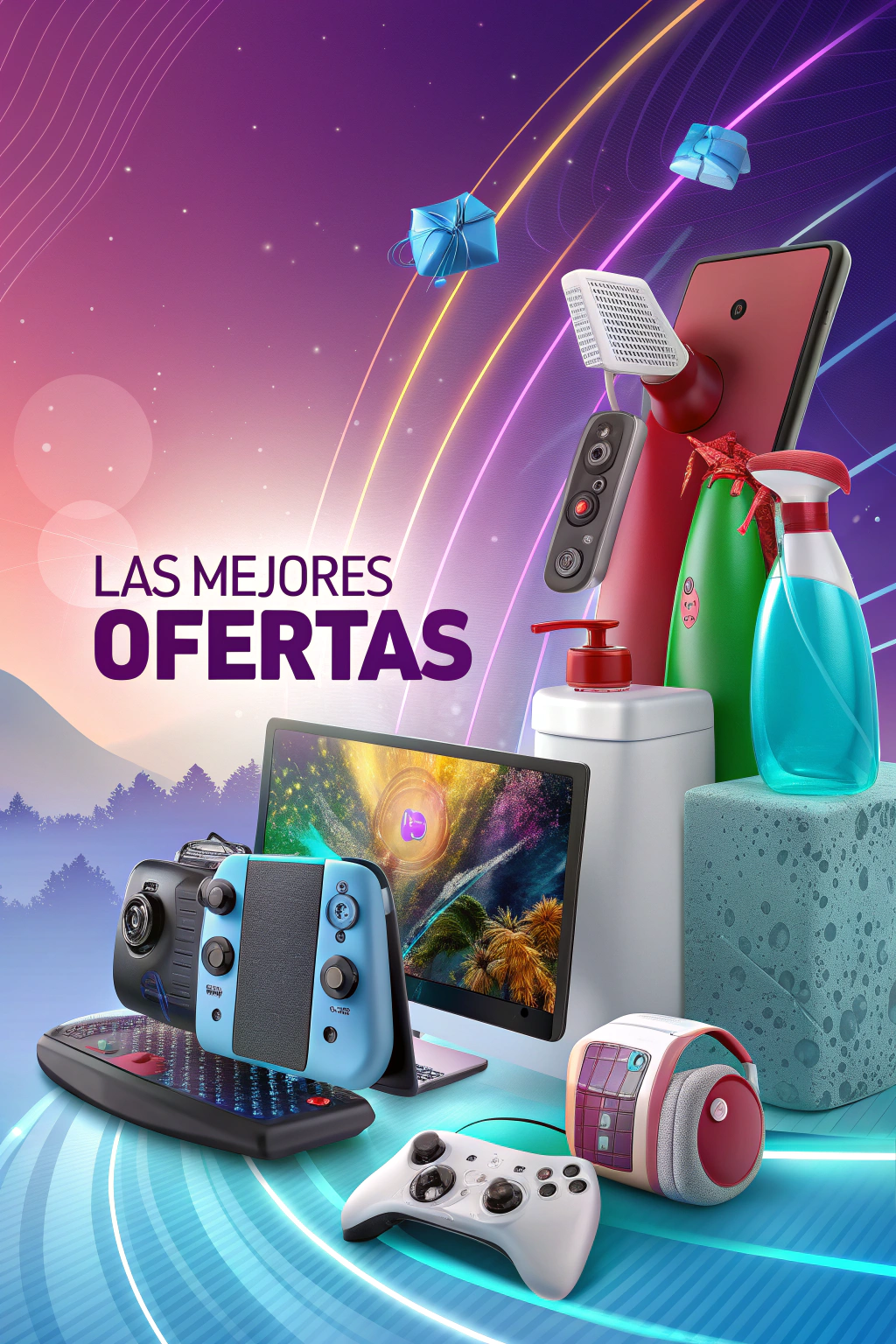 AI generated image by Red Panda AI: A 4k, details super, background shorts, text "LAS MEJORES OFERTAS", colors vivid, atractive, imaginative, 3d, trace rays, futurista, dispositivos electronico, hogar, higiene.