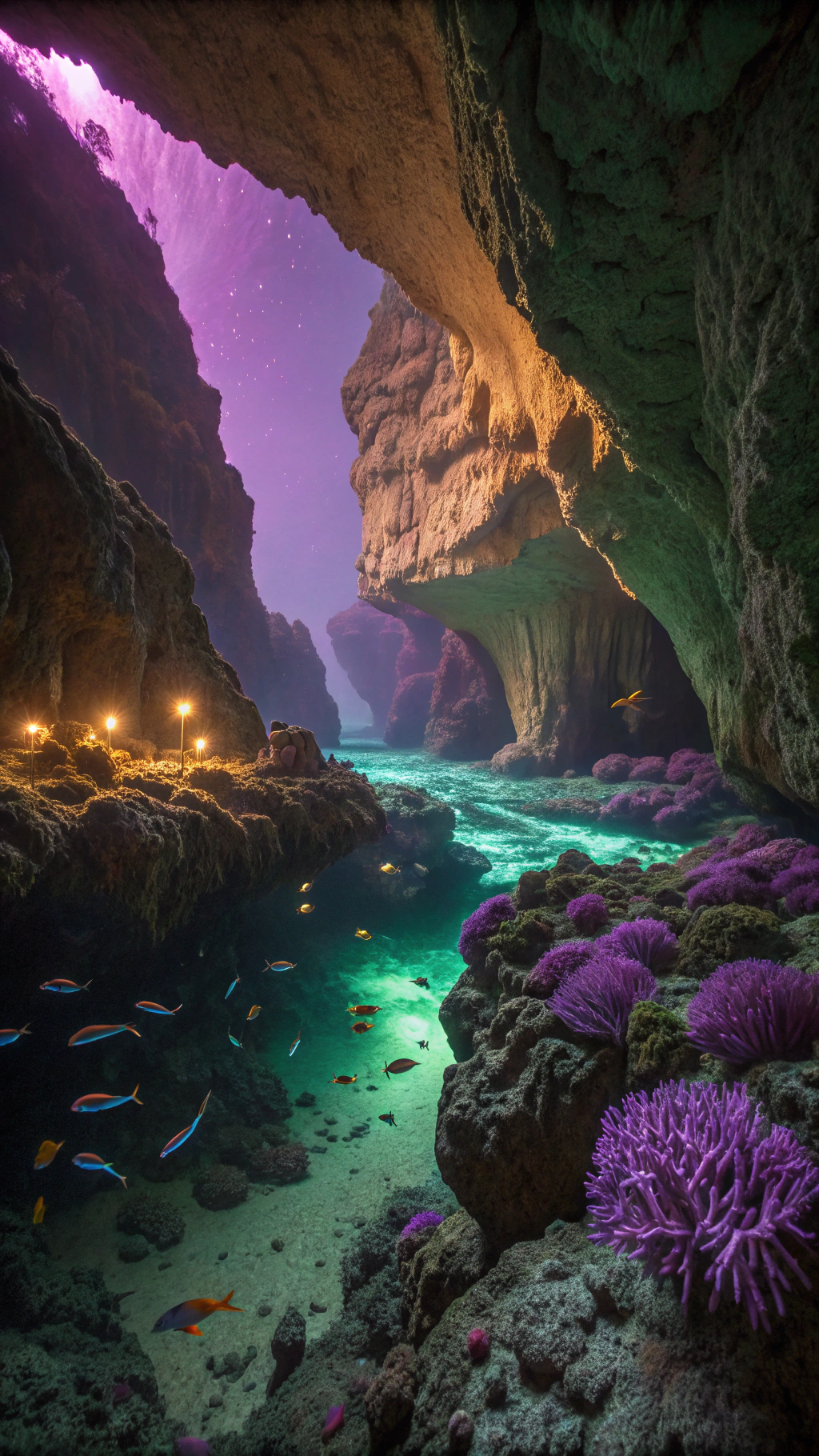 AI generated image by Red Panda AI: "Un ecosistema alienígena en un planeta con océanos violetas y costas lavanda. Cuevas subacuáticas iluminadas por algas que brillan en tonos violetas y verdes, formando bosques submarinos. Corales que emiten pulsos de luz para atraer a sus presas crecen en las paredes de las cuevas. Peces con cuerpos transparentes y órganos brillantes nadan entre las algas, mientras criaturas parecidas a pulpos cambian de color para camuflarse. Las cuevas tienen entradas estrechas que conducen a cámaras llenas de cristales gigantes que amplifican la luz del agua. El cielo tiene un matiz dorado, y las formaciones rocosas violetas emergen del océano en el horizonte. Estilo: realista, enfoque en colores vibrantes (violeta, verde, dorado), texturas detalladas (algas brillantes, corales pulsantes, cristales gigantes) y atmósfera mística y surrealista."