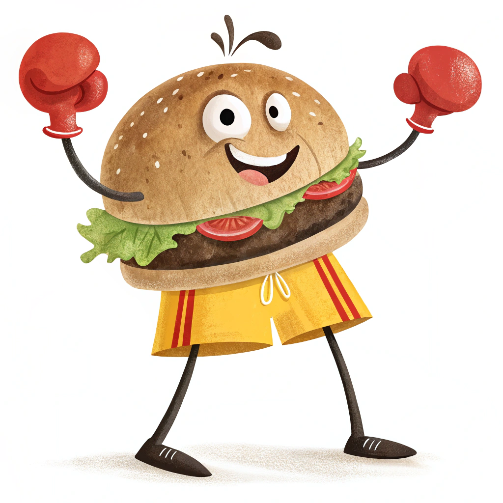 AI generated image by Red Panda AI: smiling cheeseburger looking straight ahead, with skinny black legs, and skinny black arms, wearing red boxing gloves, and wearing yellow shorts with a red stripe, on a plain white background