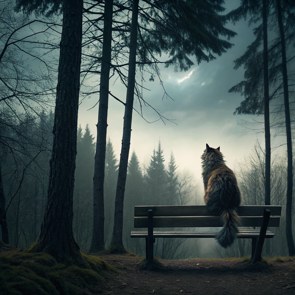 AI generated image by Recraft V3: антропоморфный фурри кот сидит на лавочке в мрачном лесу, вид сверху