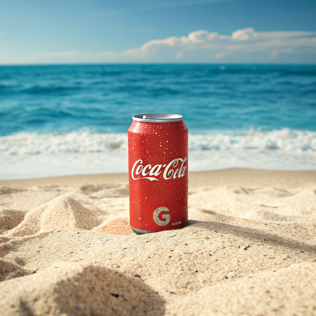 AI generated image by Red Panda AI: Lata de Coca-Cola gigante con el texto "GEORGE", en la playa y de fondo el mar azul