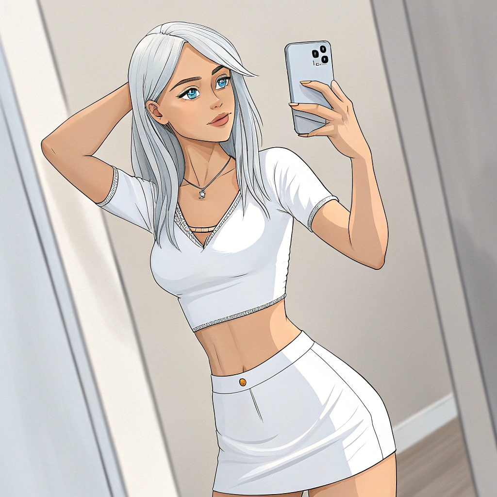 AI generated image by Red Panda AI: full body pelo plateado ojos celeste cuerpo delgado mostrando las tetas en bracier usando un short corto blanco cuerpo completo tomando un selfie con un celular pintado de unas celeste como los ojos