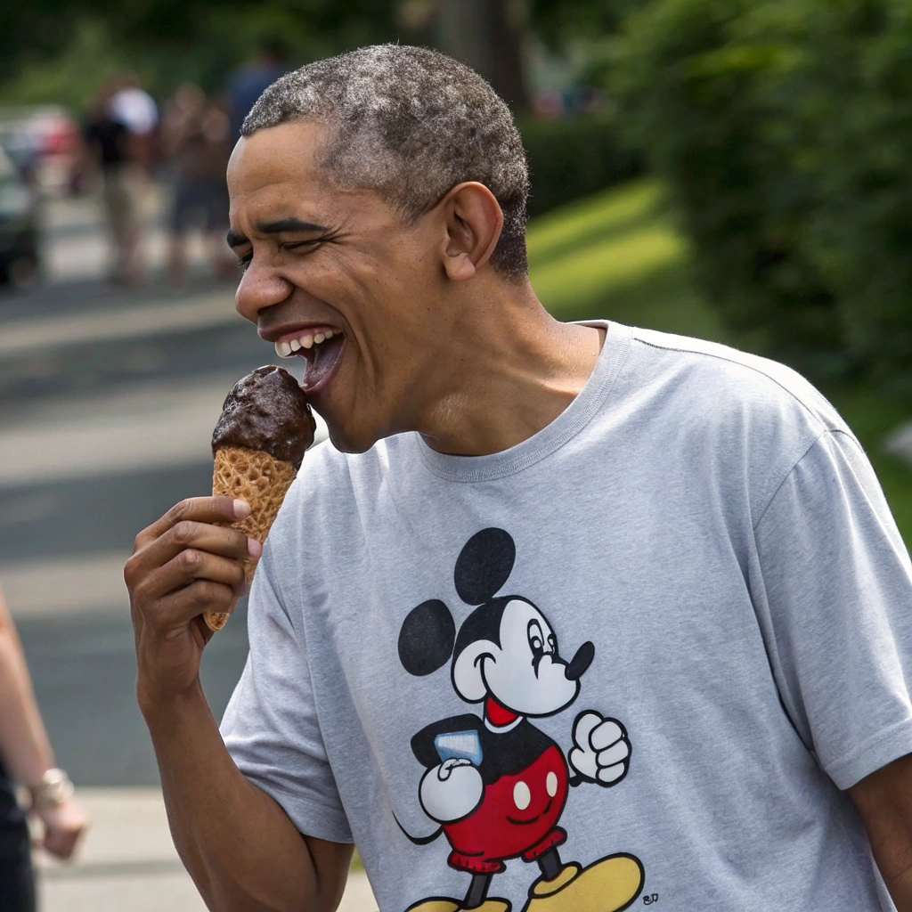 AI generated image by Red Panda AI: Barack Obama comiendo helado de chocolate con una camiseta de Mickey Mouse