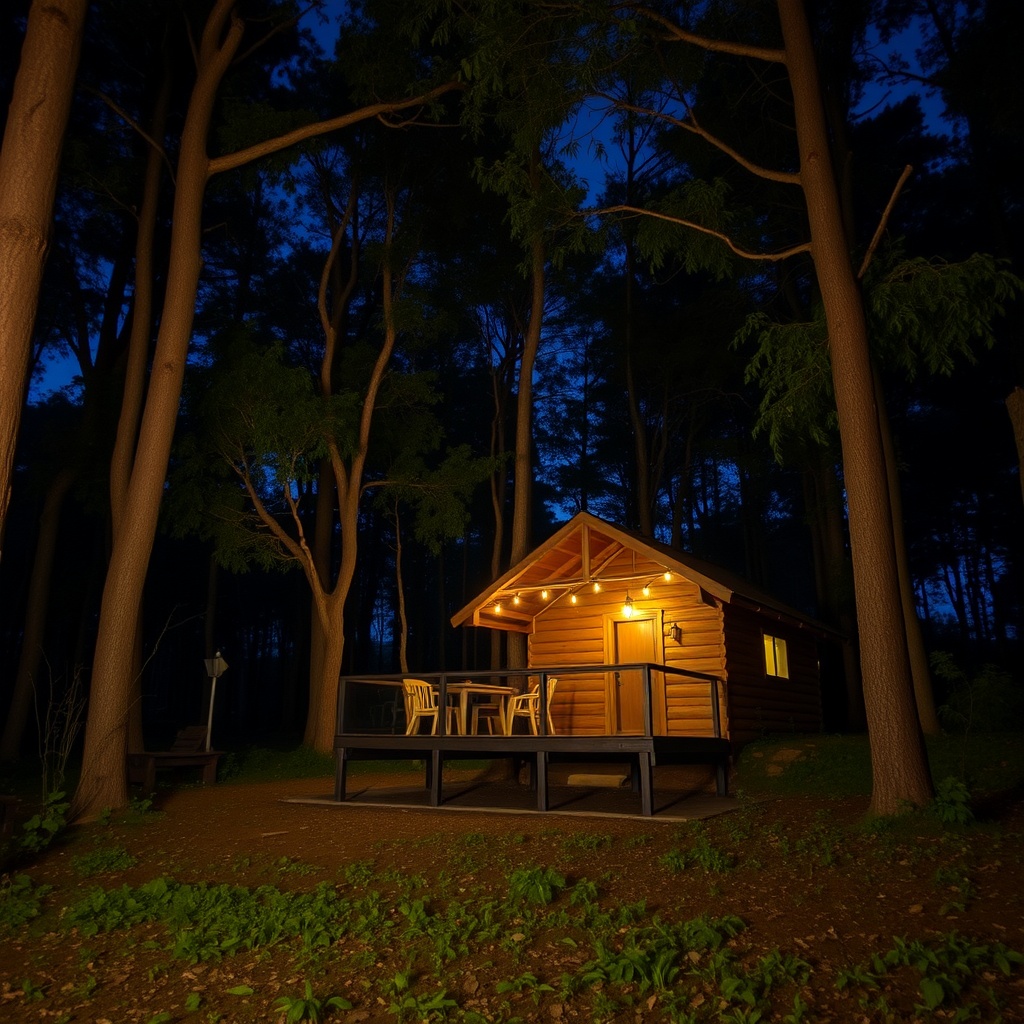 AI generated image by FLUX.1-schnell: una cabaña en medio del bosque nocturno