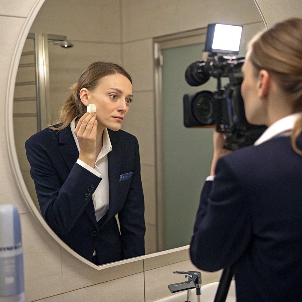 AI generated image by Red Panda AI: "Generate a video showing a woman in professional work attire standing in front of a bathroom mirror. She is trying to touch up her makeup, but her makeup appears smudged and faded. Zoom in on her face to highlight her dry skin, emphasizing the effects of cold, dry winter weather." age 25-30