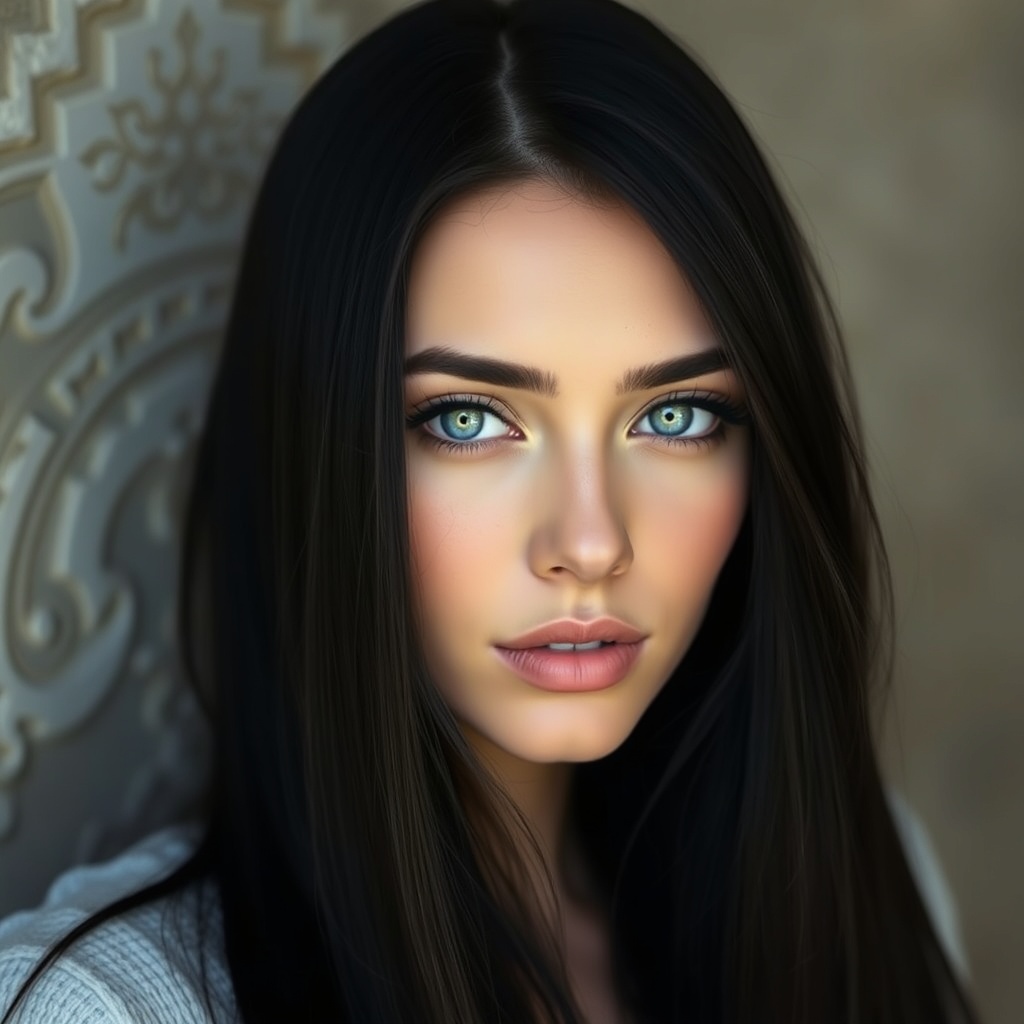 AI generated image by FLUX.1-schnell: An extremely beautiful Iranian woman in her 25s with blue eyes and long black straight hair 
