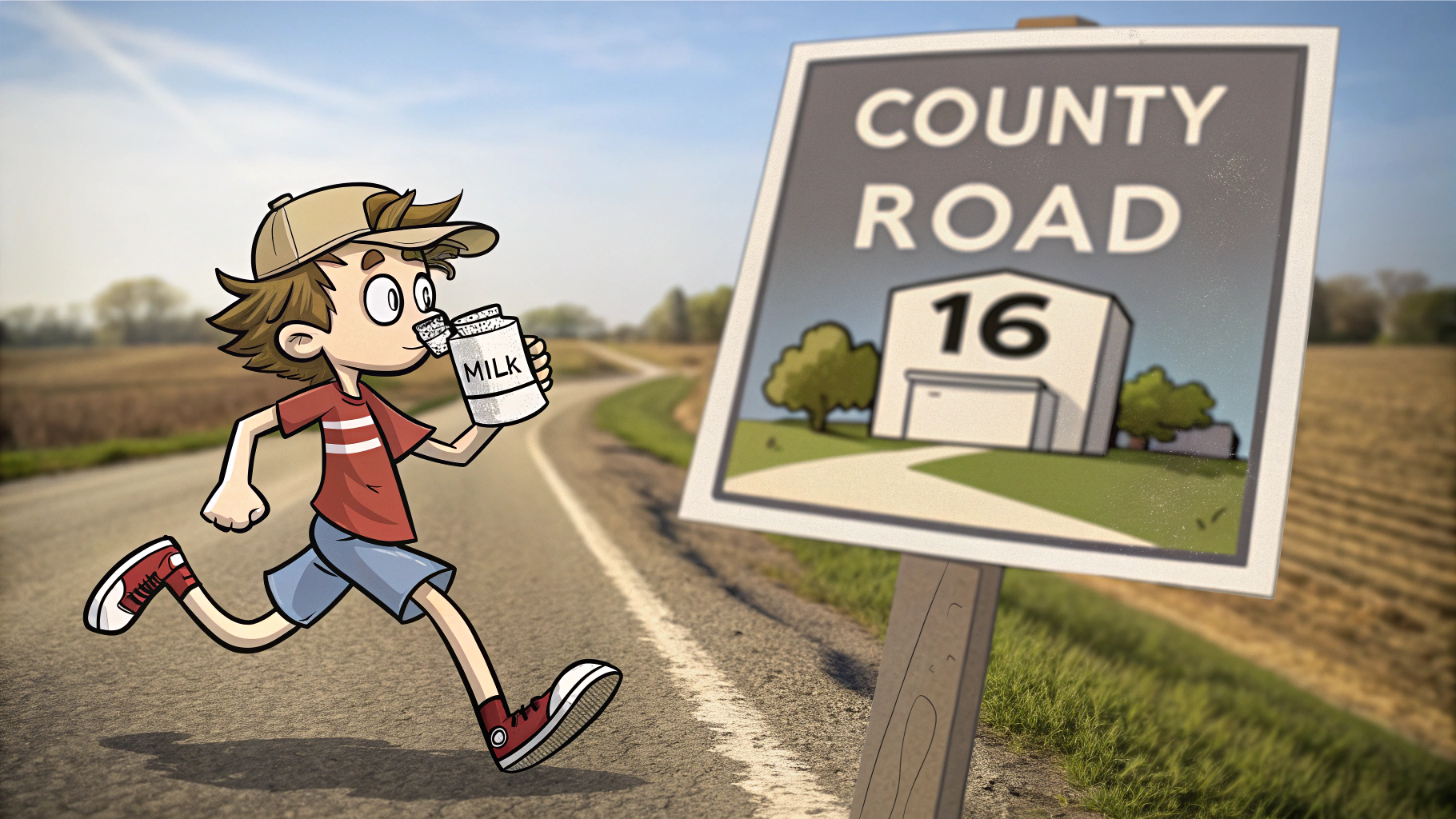 AI generated image by Red Panda AI: a teenager running down a county road in Nebraska drinking a gallon of milk.  The milk carton says "Milk".  A sign says "County Road 16", polaroid style photo, cartoon style