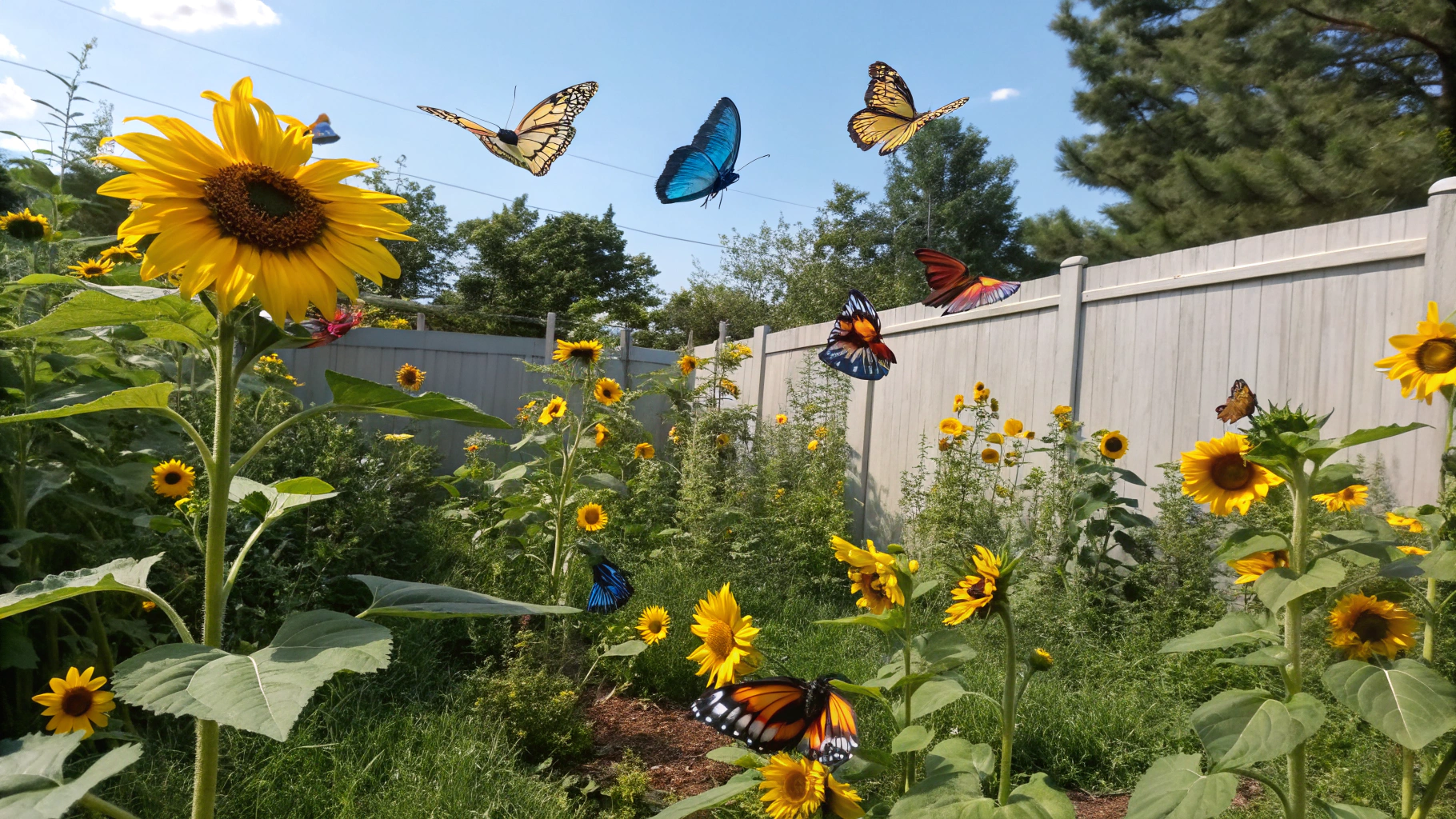 AI generated image by Red Panda AI: A panoramic view of a beautiful sunflower garden with pretty colorful butterflies flying arround and standing on the sunflowers in the  backyard 