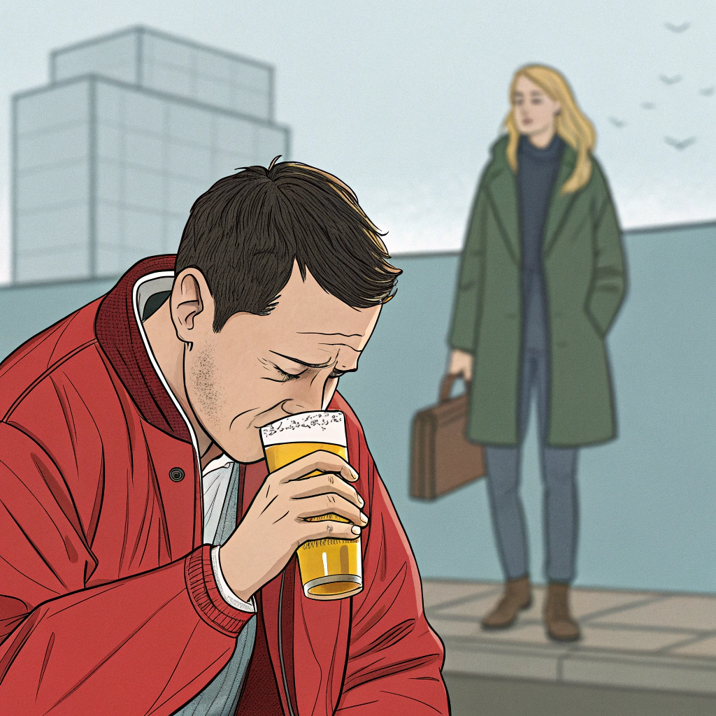 AI generated image by Red Panda AI: a man drinks beer in a red jacket, cries, and in the background is a woman with blond hair