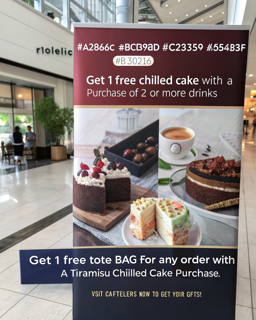 AI generated image by Red Panda AI: Design a promotional visual on Facebook platform for Cafetellers with a modern, simple, and sophisticated style, using the brand color palette: #16121c, #a2866c, #bcb9ad, #c28359, #654b3f, #b30216. The promotion includes: (1) Get 1 free chilled cake with a purchase of 2 or more drinks, and (2) Get 1 free tote bag for any order with a Tiramisu chilled cake purchase. The promotion runs from 08/11/2024 to 10/11/2024. The banner should feature appetizing images of cakes, stylish tote bags, and bold, clear text highlighting the offers. Include the Cafetellers logo, partner logo, and a call to action such as ‘Visit Cafetellers now to get your gifts!