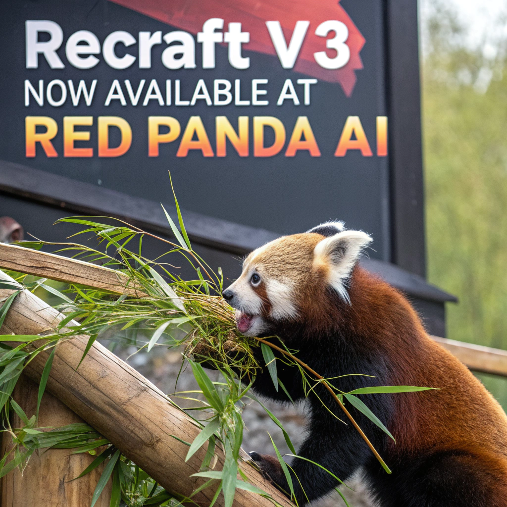 AI generated image by Red Panda AI: a red panda eating a bamboo in front of a poster that says "recraft V3 now available at red panda ai