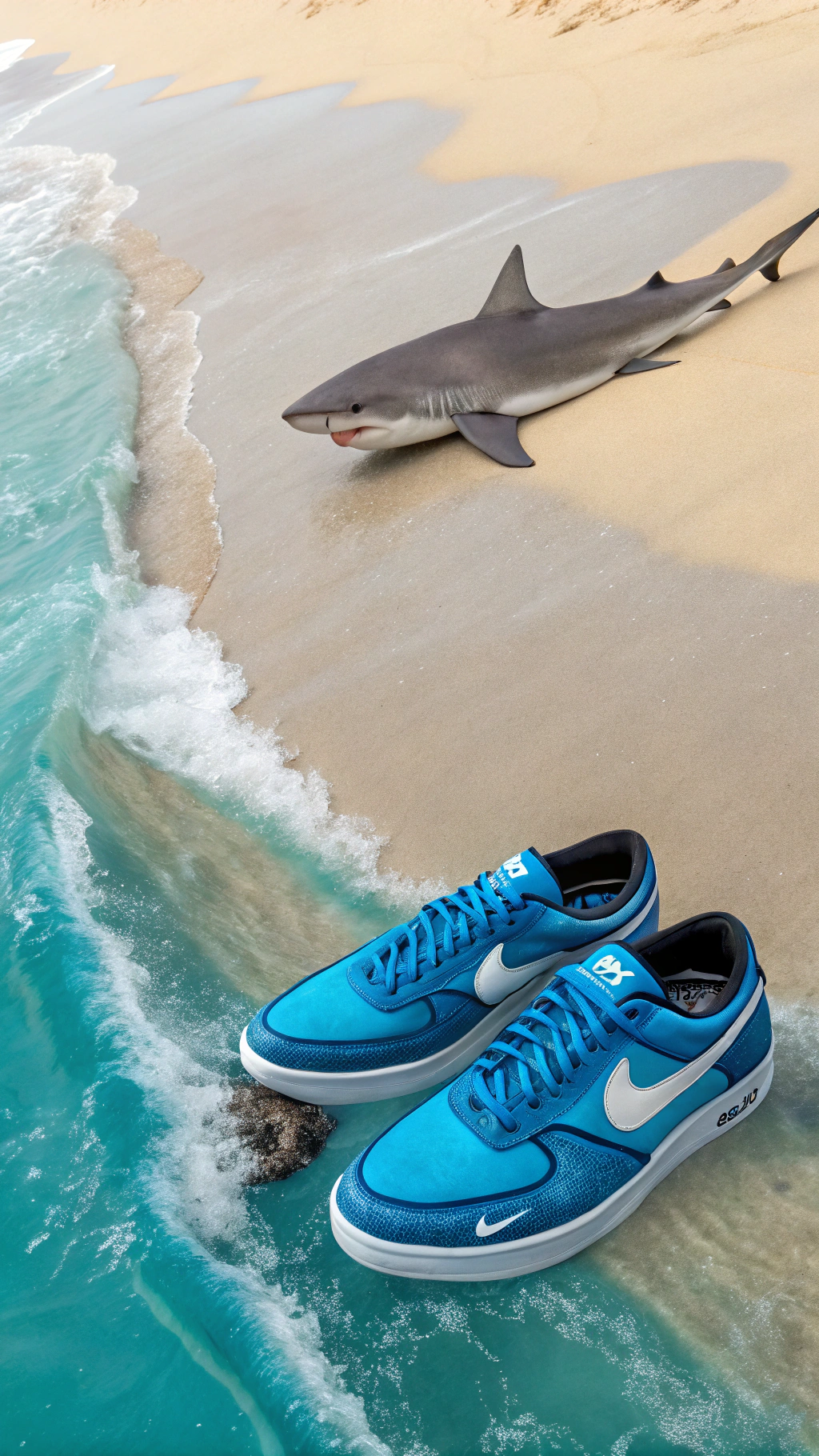 AI generated image by Red Panda AI: GENERA A UN TIBURON EN LA ORILLA DEL MAR PARADO Y Q ESTE PUESTO UNAS ZAPATILLAS NIKE AZULEN EN SUS ALETAS 