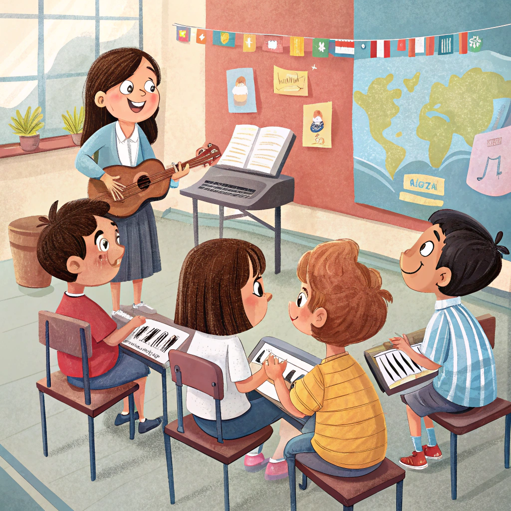 AI generated image by Red Panda AI: chicos de argentina aprendiendo musica en una escuela primaria publica. contentos mientras el docente les enseña. mostrar en la imagen quelos chicos estan aprendiendo, atentos al docente