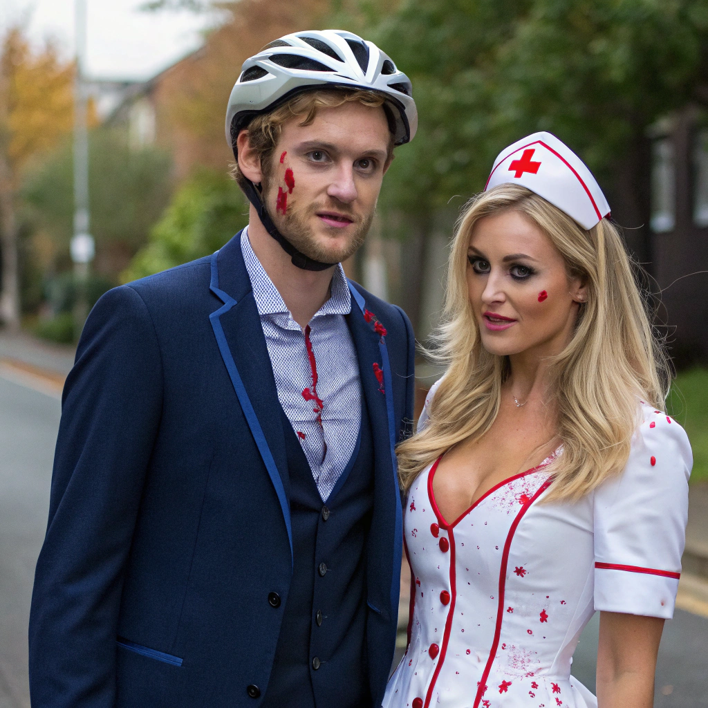 AI generated image by FLUX.1-schnell: A 30-year-old man with short hair, wearing a dark blue suit consisting of suit trousers and a blazer jacket. He is dressed for Halloween with his costume covered in fake blood. He wears a damaged cyclist helmet and holds the remains of a broken bicycle in his hand. Next to him, a stunningly attractive 25-year-old blonde woman with long, flowing hair that cascades over her shoulders. She is wearing an incredibly seductive nurse costume that leaves little to the imagination, emphasizing her hourglass figure and exuding an irresistible allure, but still complies with content guidelines. The outfit features a skin-tight dress with a daringly plunging neckline and a hemline that barely reaches mid-thigh, paired with lacy, thigh-high stockings and towering stiletto heels. Her lips are painted a vivid red, and she casts a sultry gaze, adding to her captivating presence. They are attending a Halloween-themed costume party, with other people in the background dressed in frightening costumes.