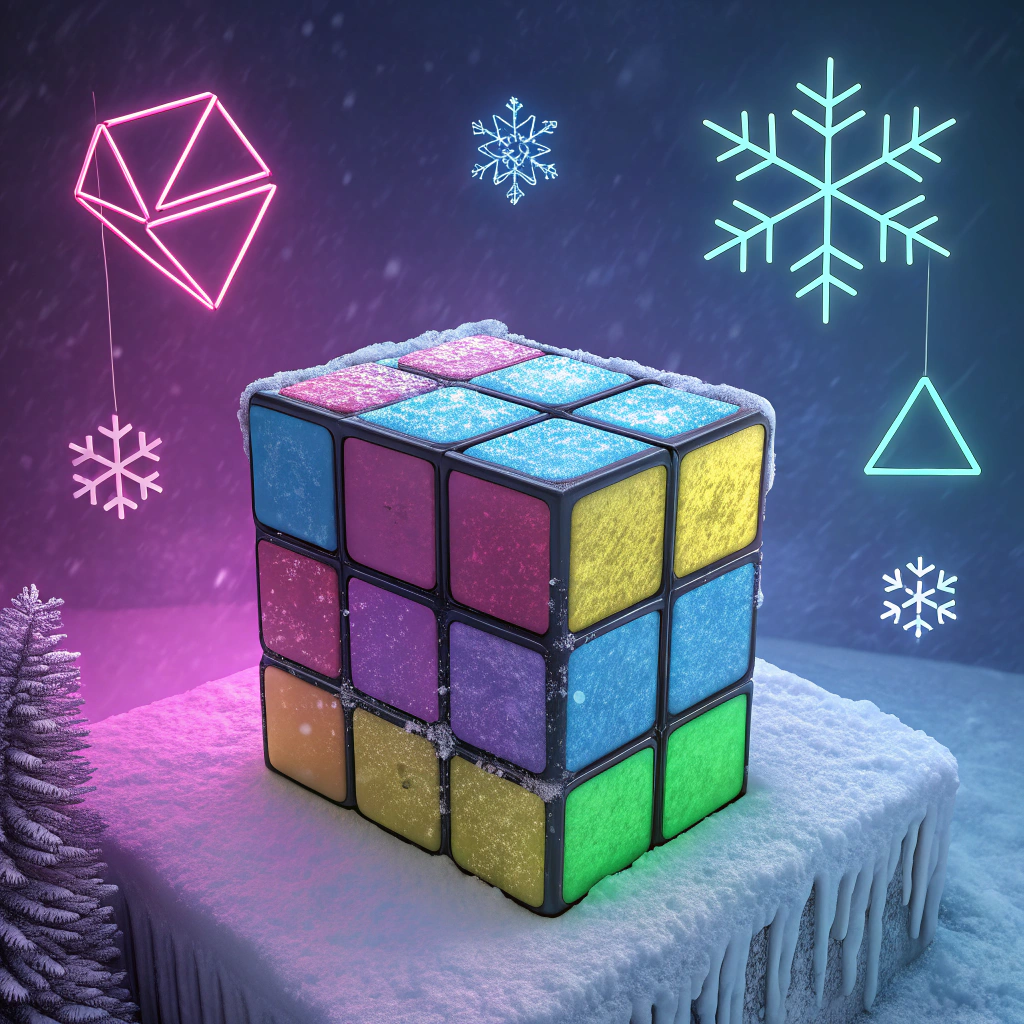 AI generated image by Red Panda AI: A frozen Rubik’s Cube with its colorful squares—neon pink, blue, yellow, and green—encased in ice, set against a glowing, retro '80s neon backdrop. The cube is partially covered in frost, with icicles hanging from its edges. The background features a gradient of deep purple and electric blue, with neon geometric shapes and pixelated snowflakes floating around. A soft neon glow illuminates the ice and cube, evoking a cool, nostalgic '80s vibe with a winter twist.