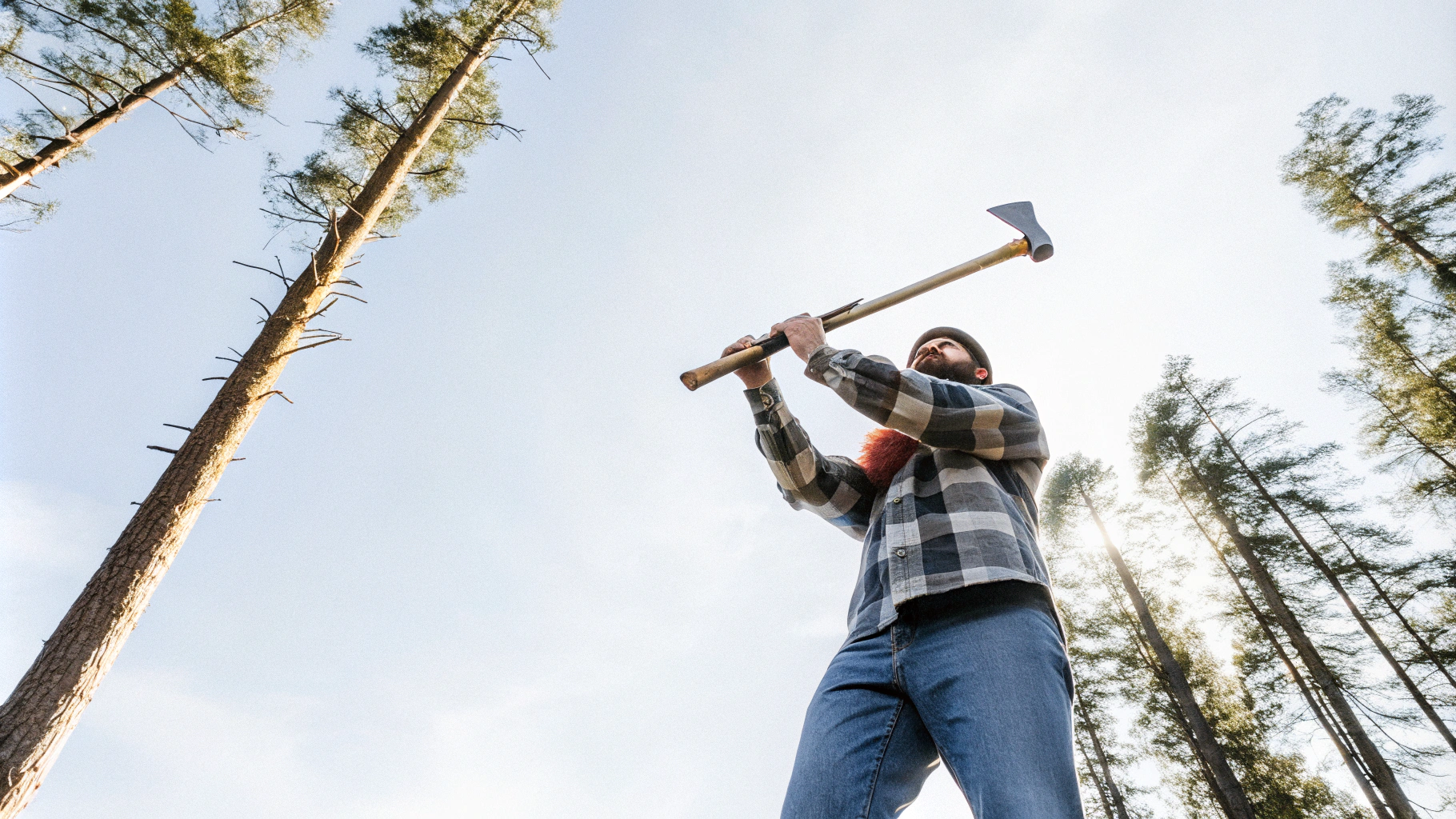 AI generated image by Red Panda AI: Lumberjack in a canadian wood. sun is shining through the trees. high trees. axe in hand. big red beard. camera straight on. trees standing tight together