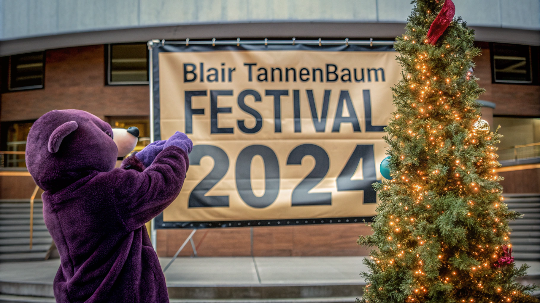 AI generated image by Red Panda AI: purple bear puts an ornament on a christmas tree, there is a banner that reads "Blair Tannenbaum Festival 2024".
