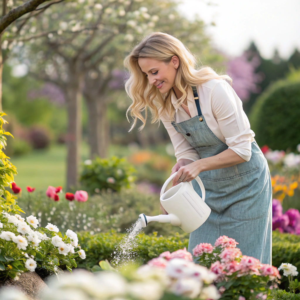AI generated image by Red Panda AI: Blonde woman watering flowers with a white foam watering can in a garden