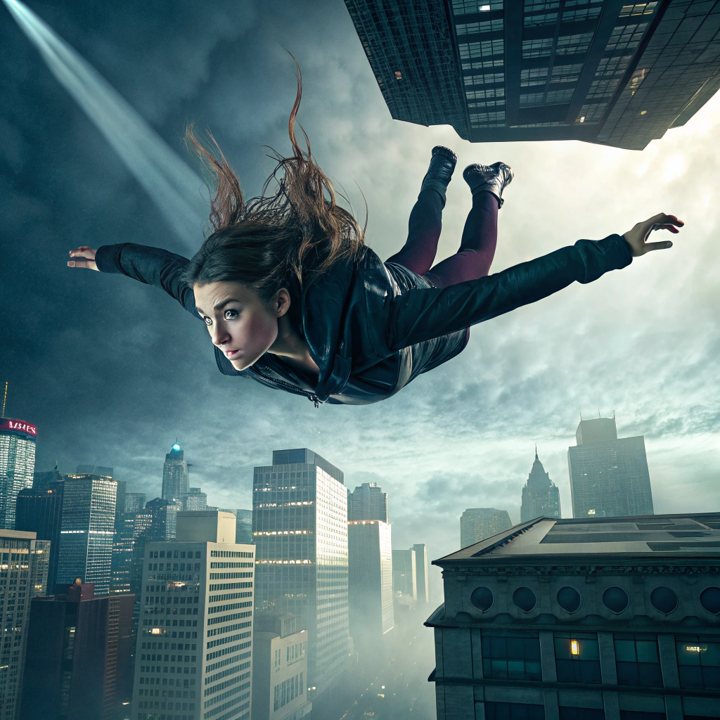 AI generated image by Red Panda AI: Christina Aguilera flying over upside down buildings