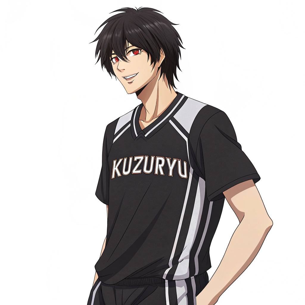 AI generated image by Red Panda AI: A handsome, androgynous 18-year-old boy, 1.70 m tall, with the athletic build of a perfect basketball player. Blood-red eyes, night-black hair, and an anime-style smile. He wears a dark black basketball jersey with white stripes down the sides, and the name Kuzuryū is printed in the center of the jersey.