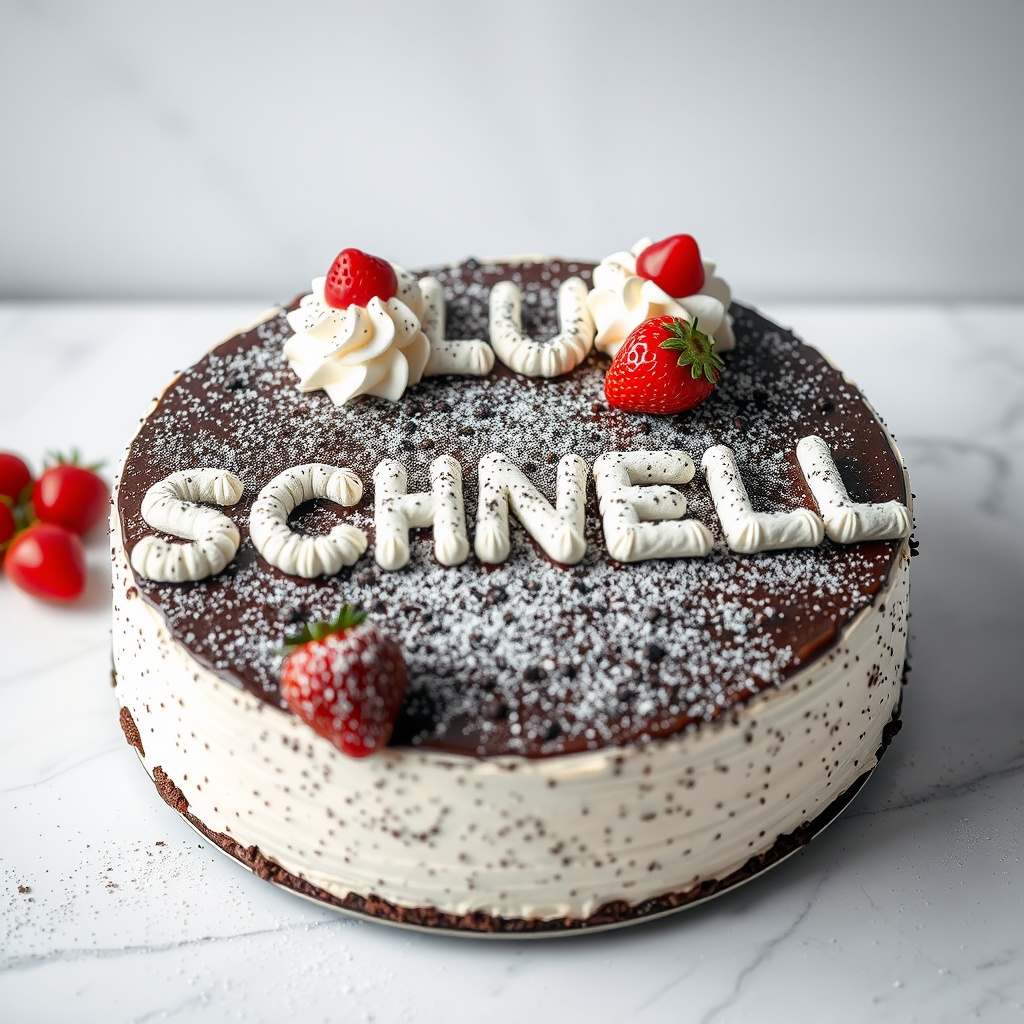 AI generated image by FLUX.1-schnell: black forest gateau cake spelling out the words "FLUX SCHNELL", tasty, food photography, dynamic shot