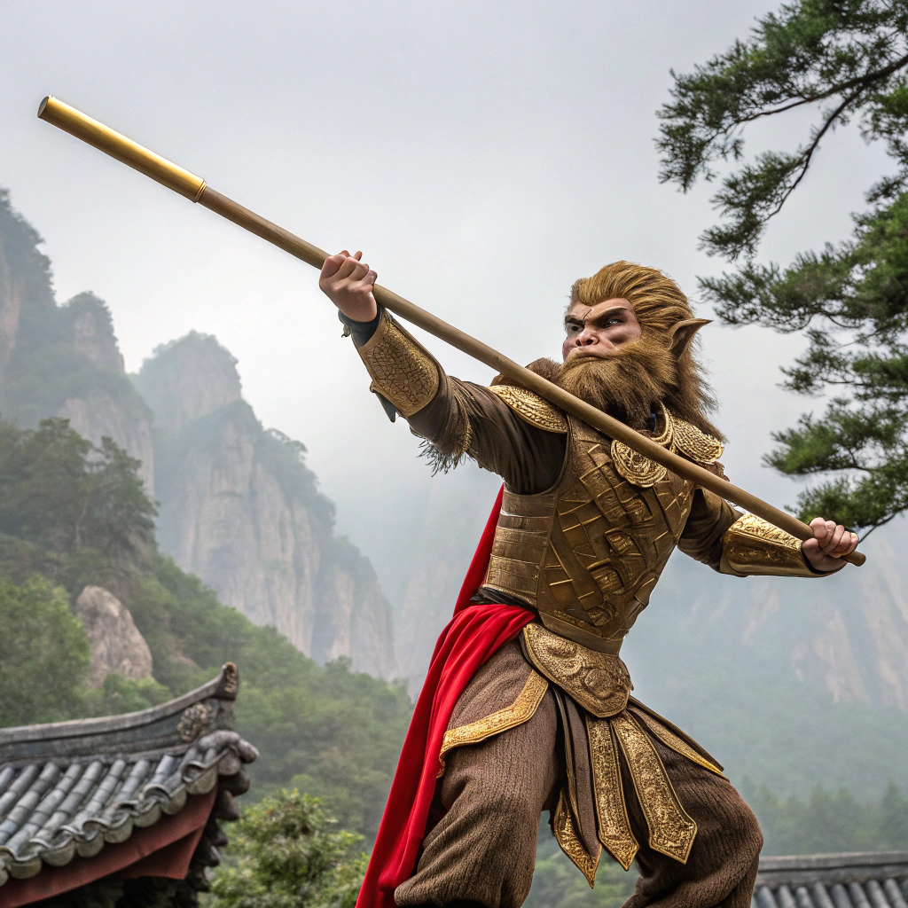 AI generated image by FLUX.1-schnell: Wukong (a mythical and powerful monkey king from Chinese folklore) holds an a golden stick, waving and preparing to charge.