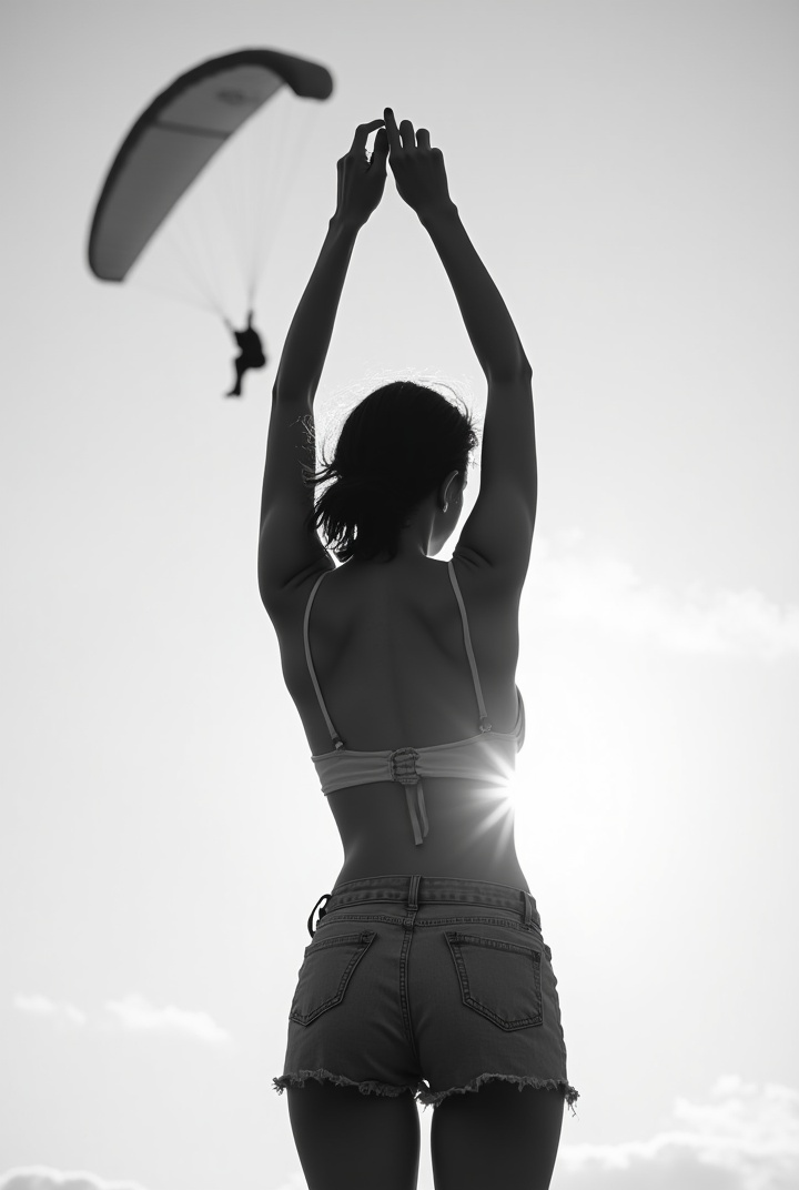 AI generated image by FLUX.1: Black and white photo of young topless bare back woman in short skirt from behind swinging her bra in her Stretched up hand above. a paraglider flying above her. Sky background. Backlight