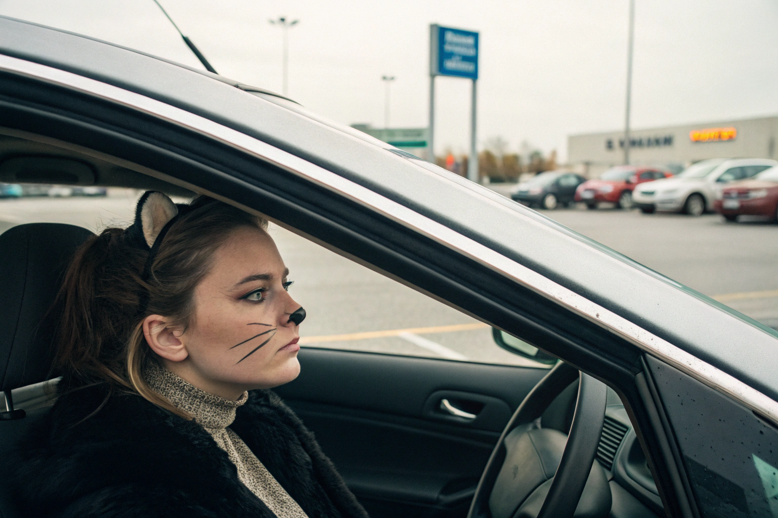 AI generated image by Red Panda AI: Create an image characterized by soft, muted tones and simplified forms. Picture a woman sitting alone in her car, parked in a grocery store lot. Her gaze is fixed straight ahead, and she wears whimsical cat makeup. The scene captures a sense of solitude and introspection, with minimalistic details and a serene, almost timeless atmosphere.