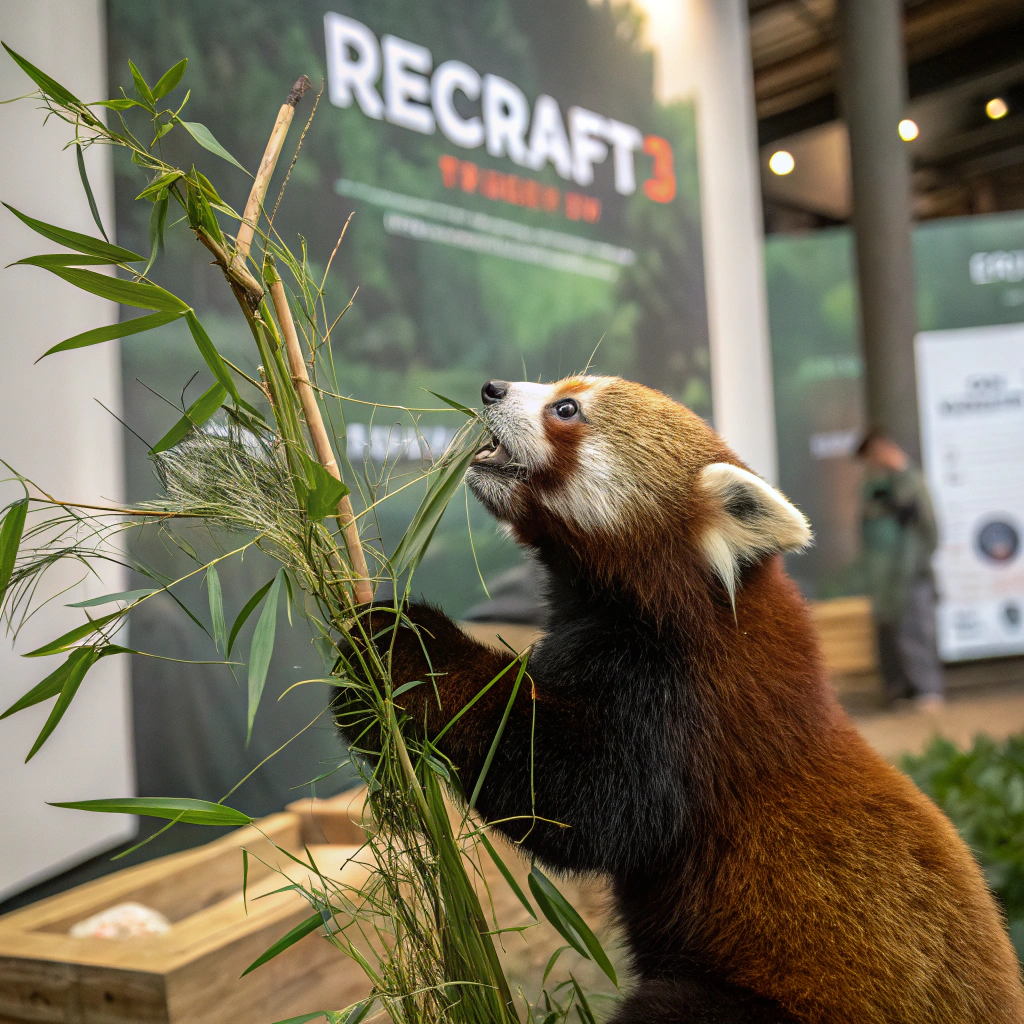 AI generated image by Red Panda AI: a red panda eating a bamboo in front of a poster that says "recraft V3 now available at red panda ai