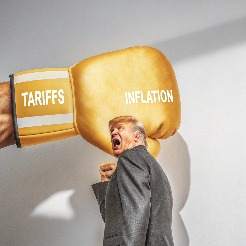 AI generated image by Red Panda AI: Trump being puched in the face by a muscular man who is "Tariffs" and tariff's fist is large and labeled "Inflation"