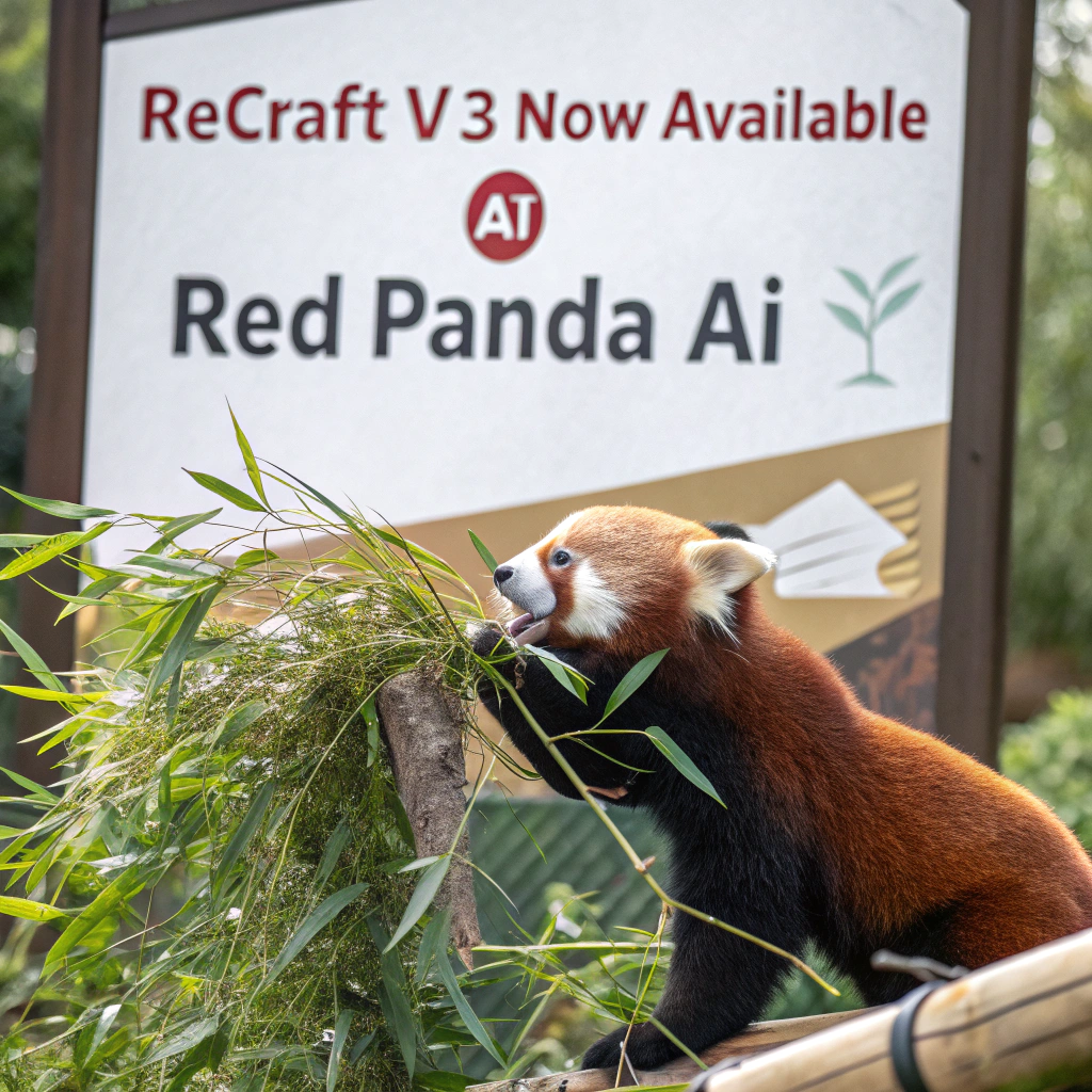 AI generated image by Red Panda AI: a red panda eating a bamboo in front of a poster that says "recraft V3 now available at red panda ai