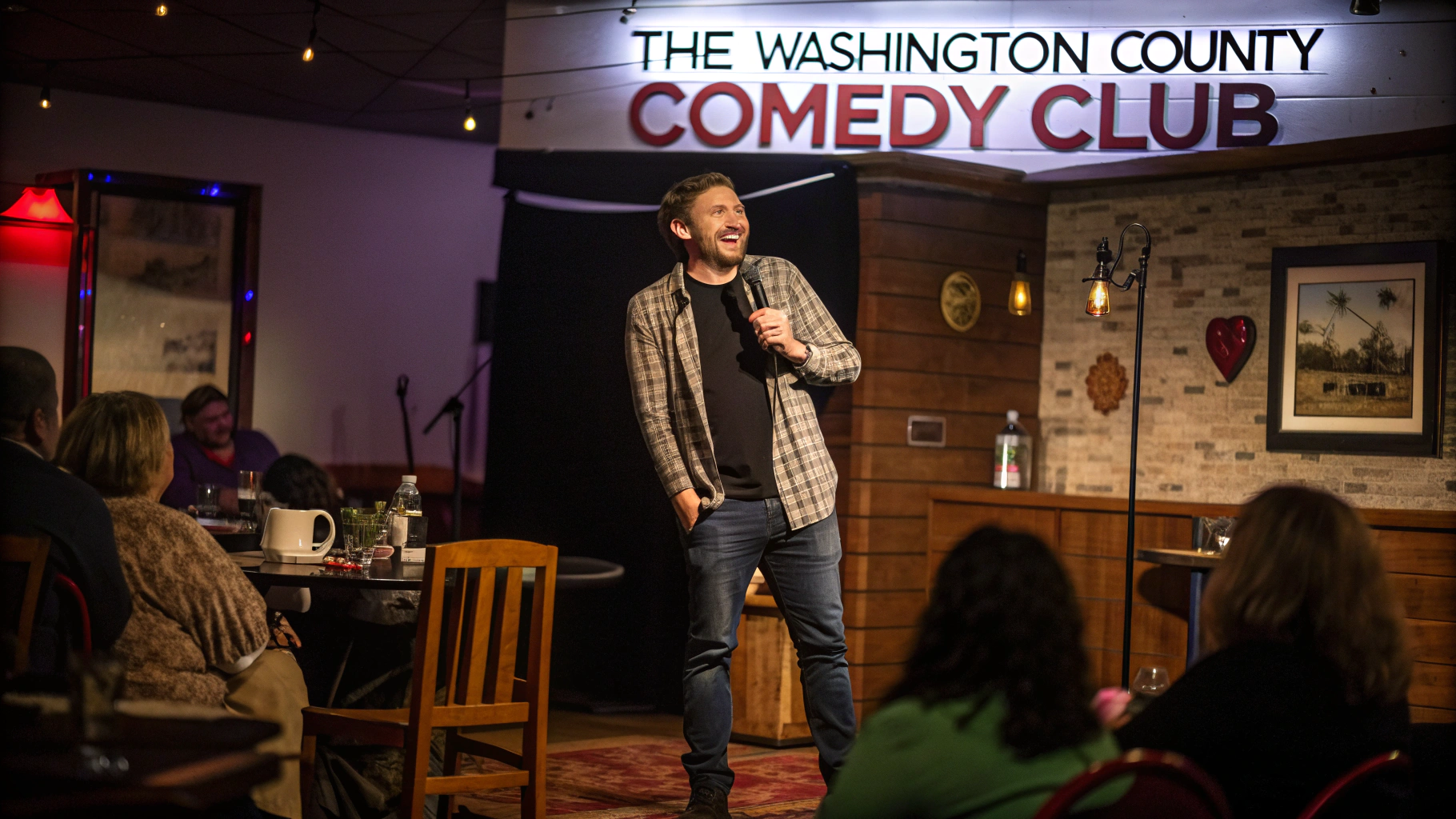 AI generated image by Red Panda AI: A comedian delivers a standup comedy routine in a bar called "The Washington County Comedy Club"