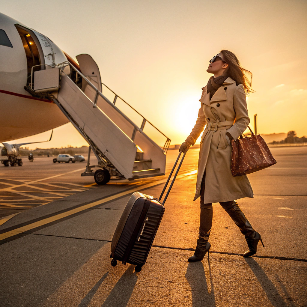 AI generated image by Red Panda AI: A vibrant teaser image of a young, beautiful woman boarding a plane at sunset, suitcase in hand, wearing chic travel attire—a trendy trench coat, sunglasses, and boots. The scene captures the feeling of excitement and anticipation, with the golden sun casting long shadows over the airport. The mood is adventurous and glamorous, with a focus on travel and style.
